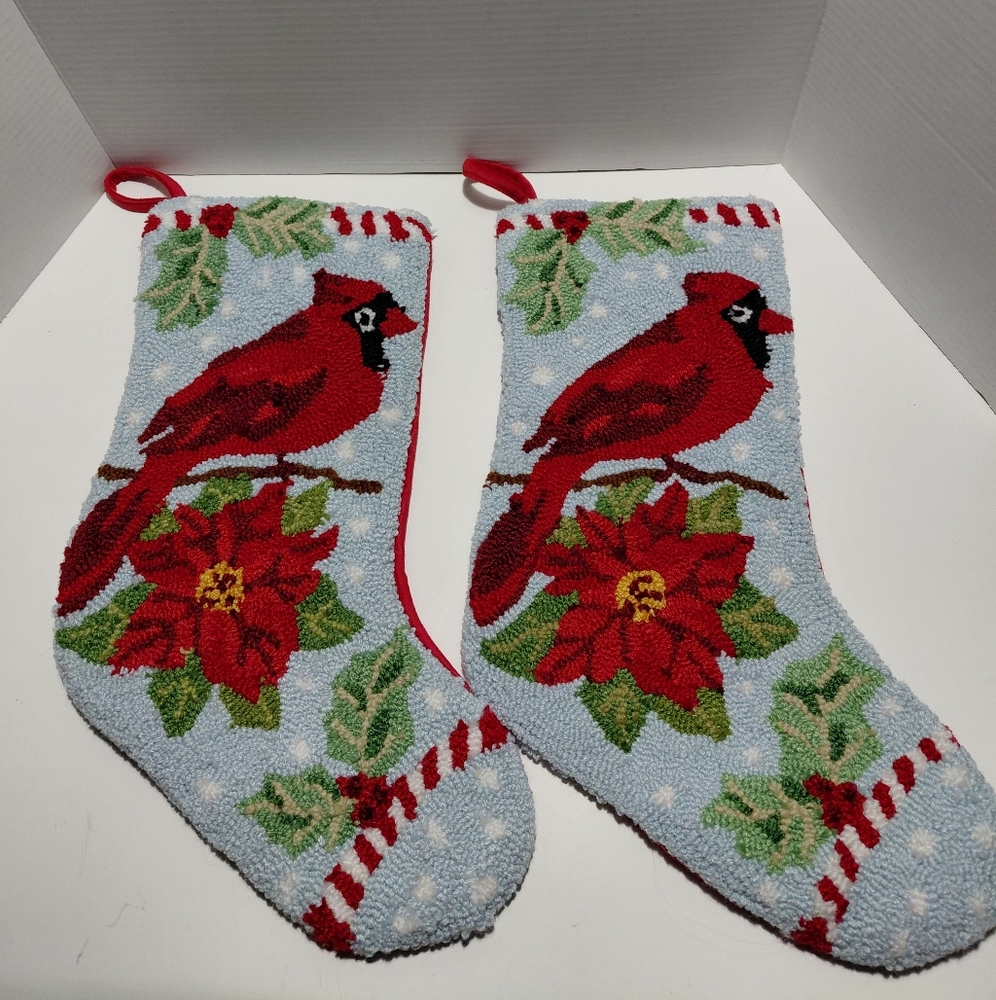2 Cardinal Hooked Holiday Stockings